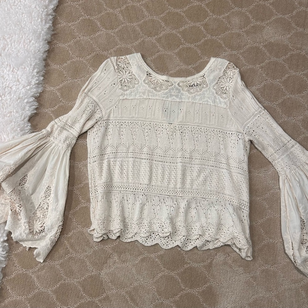 Free People Cream Lace Bell Sleeve Blouse
